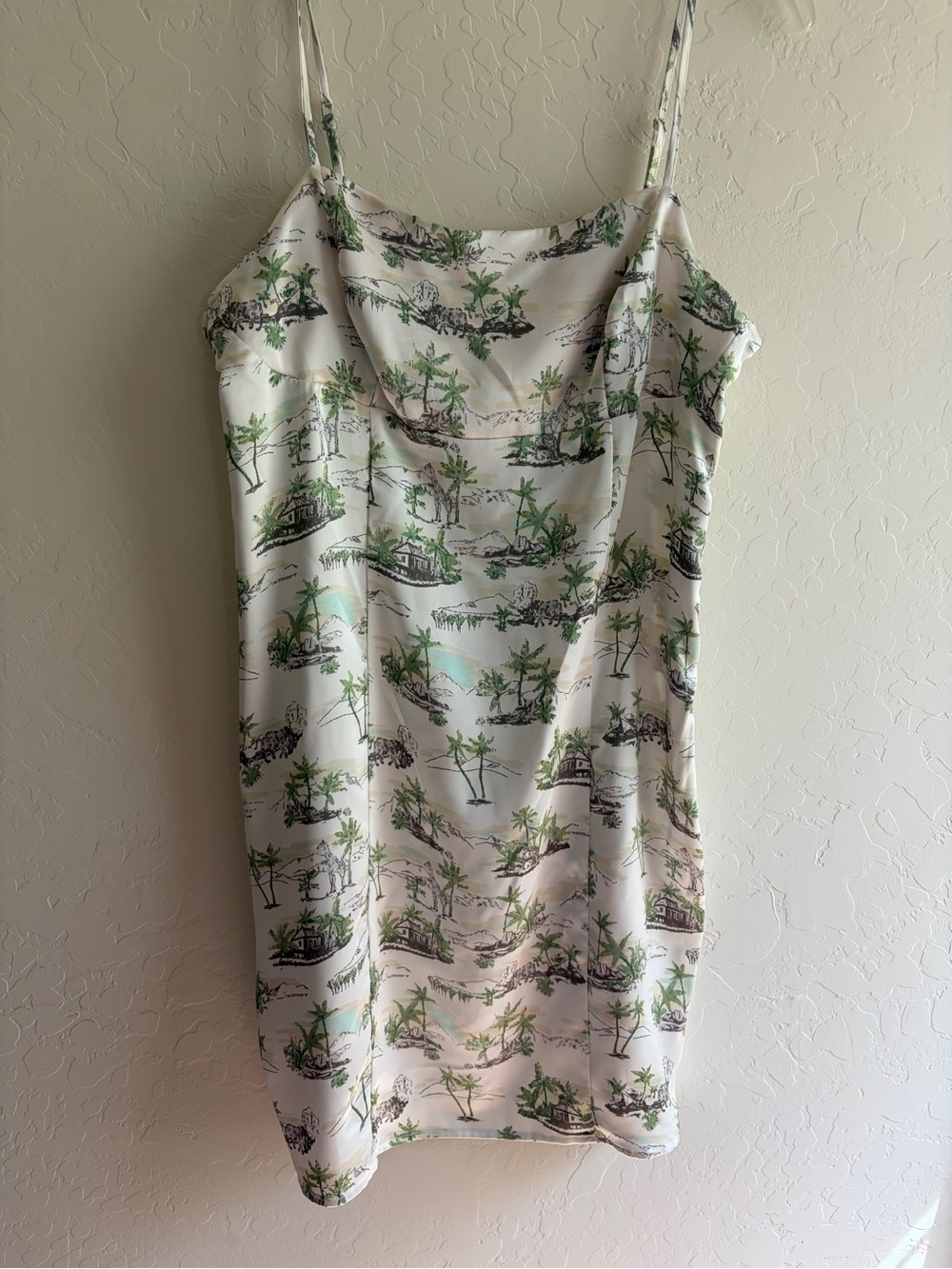 NWT Hippie Rose Satin Mini Sheath Dress Ivory Toile Tropical Print XL